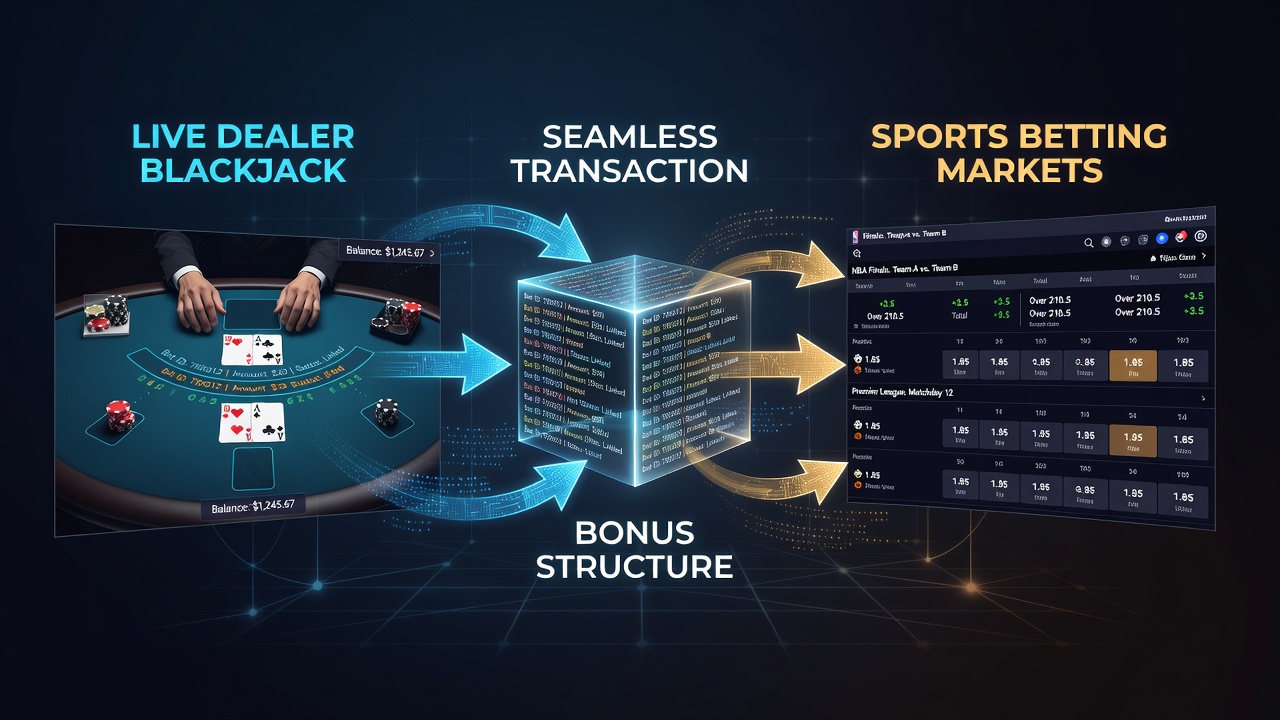 Darstellung von Bonusstrukturen, die Live-Blackjack und Sportwetten über nahtlose Transaktionen verknüpfen