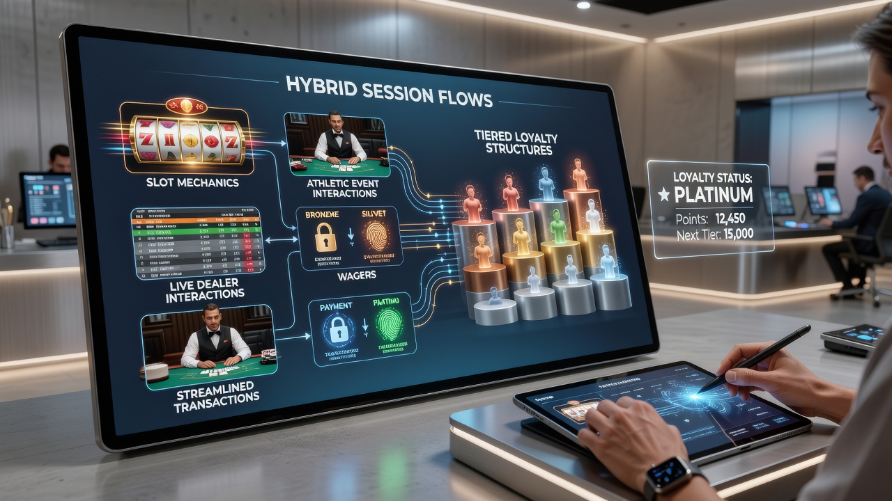 Illustration hybrider Gaming-Sitzungen mit Slots, Live-Dealer und Sportwetten in einer mobilen Umgebung